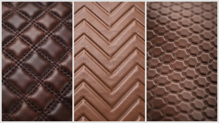 Fototapeta premium Close up view of three different brown leather textures with quilted, herringbone, and