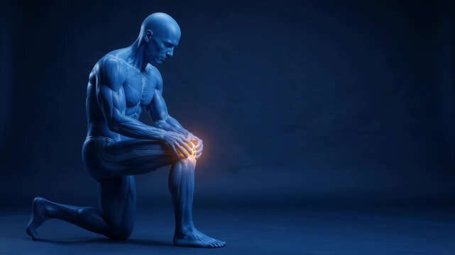 A blue anatomical 3D animation showing the human muscular system of a kneeling man against a dark background.
