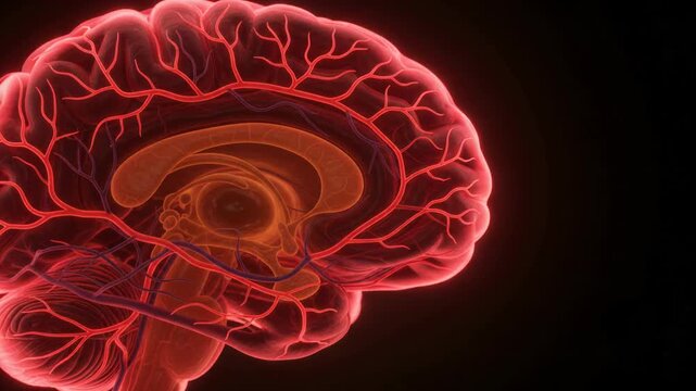 3D medical illustration showing the inner glowing structures of a human brain in a video clip.