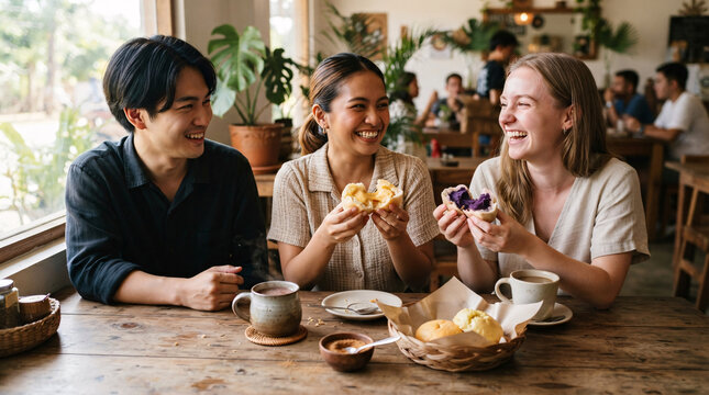 Three friends laughing together while enjoying filled buns, pastries, and coffee at a bright casual cafe.