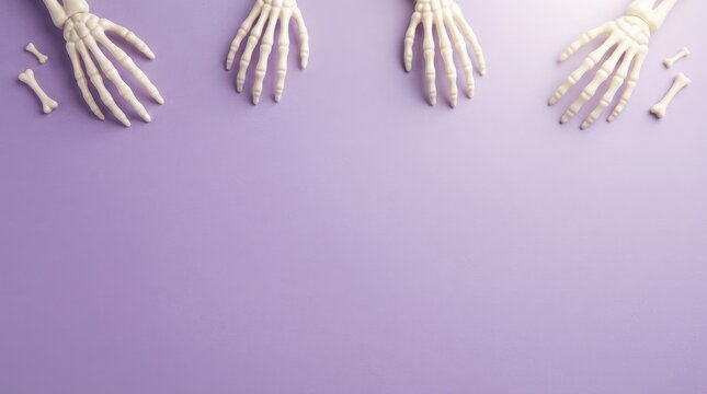 Human skeleton hands and bones on lavender background