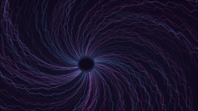 Hypnotic vortex pattern of glowing purple and blue threads spiraling inward toward a dark central void.