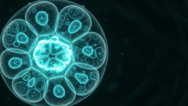 Microscopic view of cellular organisms in a symmetrical circular pattern against a dark background.