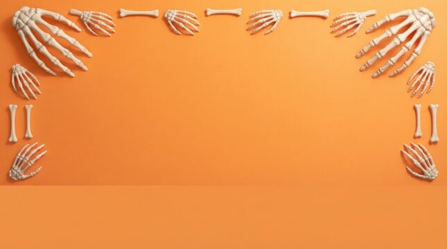 Human skeleton hands and bones flat lay composition