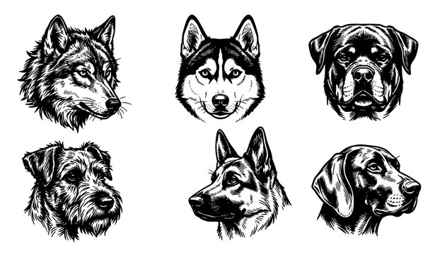 Dog Breed Head Set Black and White Wolf Husky Rottweiler Shepherd Vector Illustration Collection