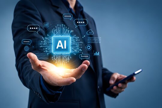 AI-powered, businessman show virtual graphic global internet connect AI, Artificial Intelligence. Using command prompt to generate something, Futuristic technology transformation. Chatbot chat A.I.