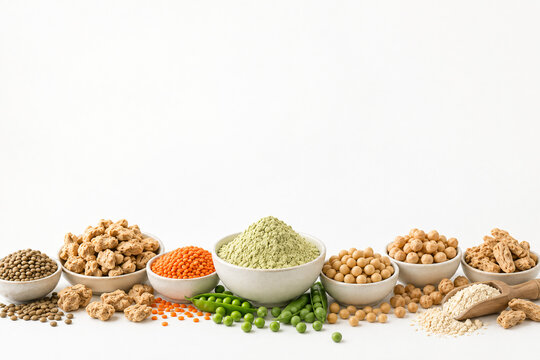 Plant Based Protein Sources Collection with Peas, Lentils, Soybeans, Chickpeas and Protein Powder on White Background