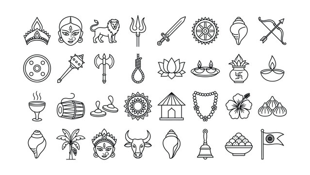 Collection of Hindu religious and cultural symbols icons with transparent background