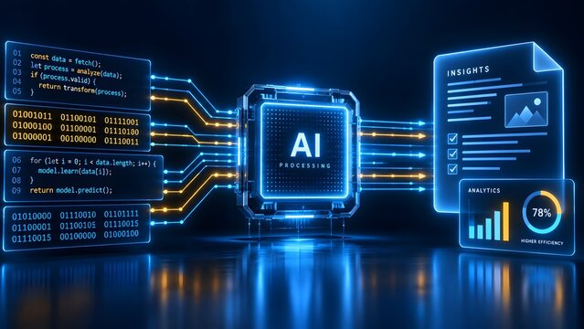 Futuristic conceptual visualization of artificial intelligence processing data, featuring a glowing AI microchip, binary code streams, programming code snippets