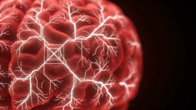A detailed 3D animation showing a red human brain with glowing activity points on a dark background.