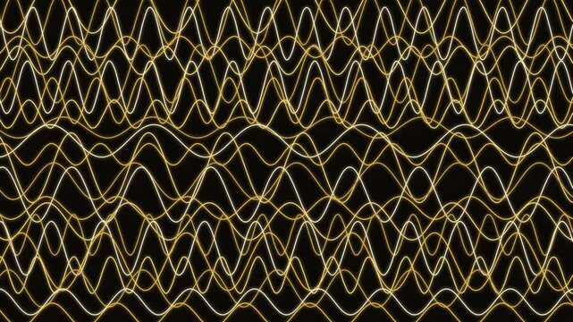 Golden sound waves ripple across a dense black background, creating intricate overlapping linear textures with luminous metallic highlights.