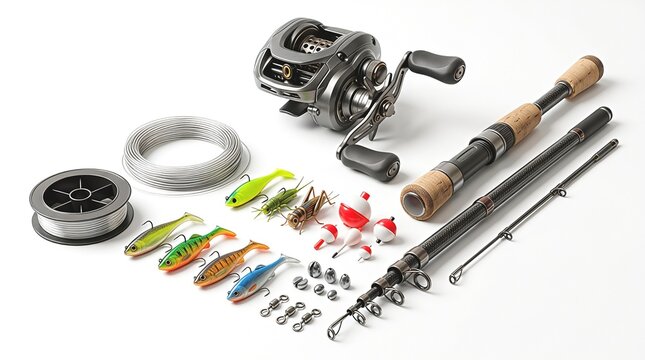 Professional fishing tackle set with baitcasting reel and rod, colorful soft plastic lures and fishing line, essential angling equipment on white background