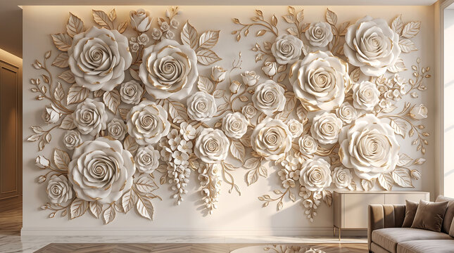 3D floral wall mural with sculpted white roses in a luxury living room interior