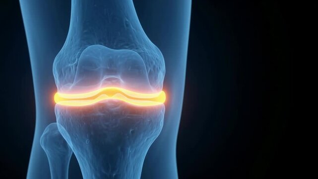 3D medical animation of a human knee joint showing the femur and tibia bones in a blue X-ray style.