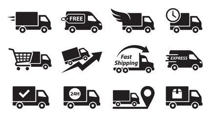 Obraz premium Collection of delivery truck icons with various symbols black silhouette