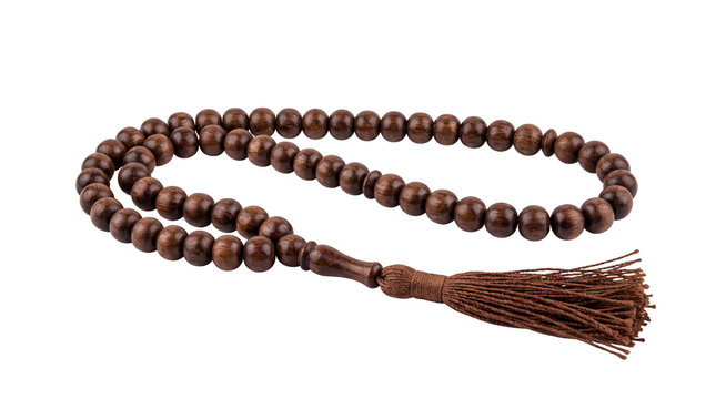 Traditional wooden prayer beads with brown silk tassel, islamic tasbih for meditation and dhikr, religious rosary beads for spiritual practice isolated PNG with Transparent Background