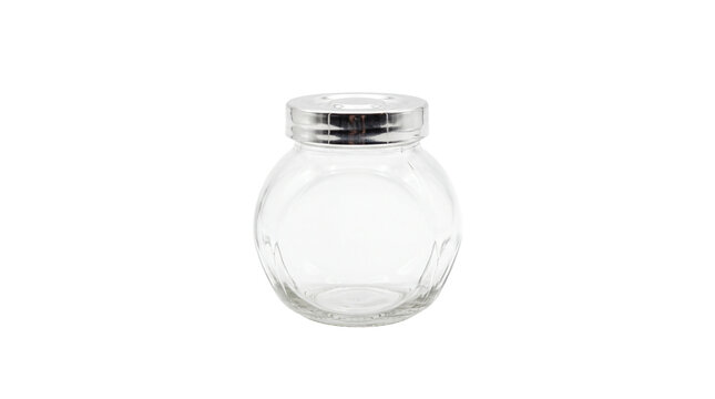 Clear glass jar with silver metal lid, empty round spherical glass container for food storage, transparent kitchen canister for spices and sweets isolated PNG with Transparent Background