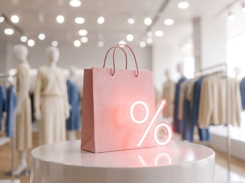 Glowing neon percentage sign on a pink shopping bag displayed in a clothing store with fashion shop clothing boutique store interior retail shop clothing rack