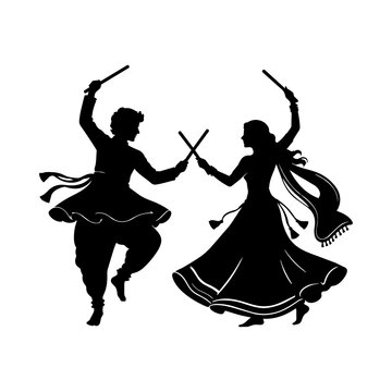 Indian Couple Dancing Garba and Dandiya Raas Festival Vector Illustration