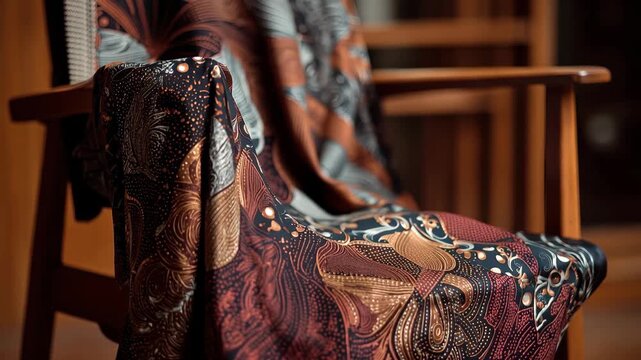 Batik garment draped over a wooden chair showing intricate patterns and colors in a cozy room setting at a certain time of day