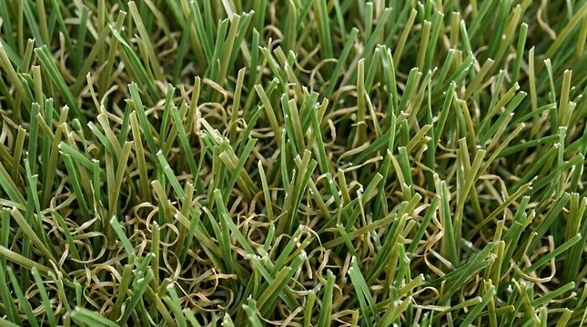 Close up view of realistic green artificial turf grass texture with curled thatch and blades for landscaping designs