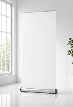Blank roll up banner stand mockup with potted plants and clean white space, ideal for custom branding, advertising, presentations, exhibitions, conferences, and events