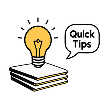 A yellow light bulb icon on a stack of papers with a speech bubble saying quick tips