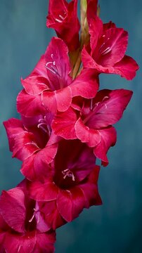 Magneta Gladiolus Flowers In Bloom On blue Backdrop