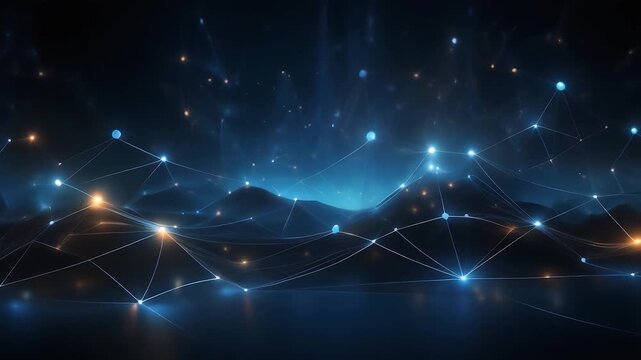 Digital Network Landscape: An abstract digital network unfolds across a dark, celestial landscape, with glowing nodes and connecting lines forming intricate patterns.