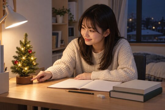 勉強の休憩中に机の小さな卓上飾りを点灯する受験生