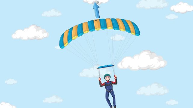 Skydiver descending from blue sky with colorful parachute, illustrating physics concept of drag force and gravity, animated motion graphic.
