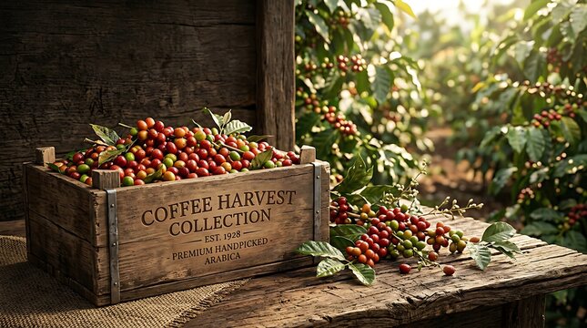 Fresh coffee cherries fill a rustic wooden crate in a plantation