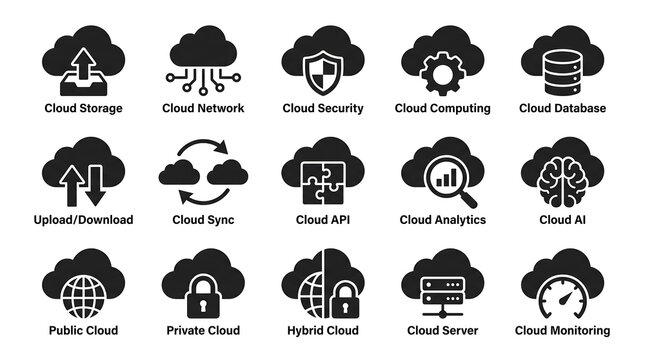 Collection of black cloud computing icons with descriptive text labels