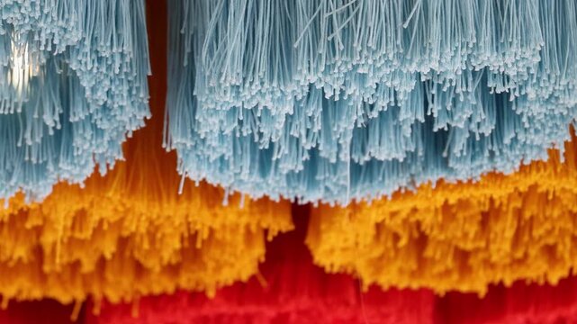Close up slow motion video of vibrant light blue, yellow, and red yarn or thread bundles moving gently, creating a soft, colorful display.