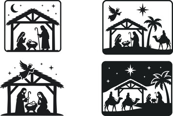 Fototapeta premium Set of four christmas nativity scene silhouettes with holy family and wise men