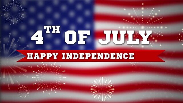 Animated fourth of July celebration background with waving American flag and fireworks motion graphics.
