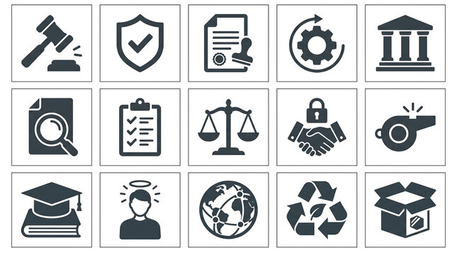 Set of corporate business and legal administration flat vector icons with magnifying