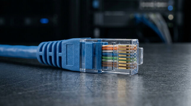 Blue Ethernet Network Cable Connector Close-up Macro, Technology Background