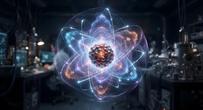 A highly realistic scientific visualization of a hydrogen atom featuring a detailed positively charged proton at the center, surrounded by a realistic quantum electron probability cloud and subtle.