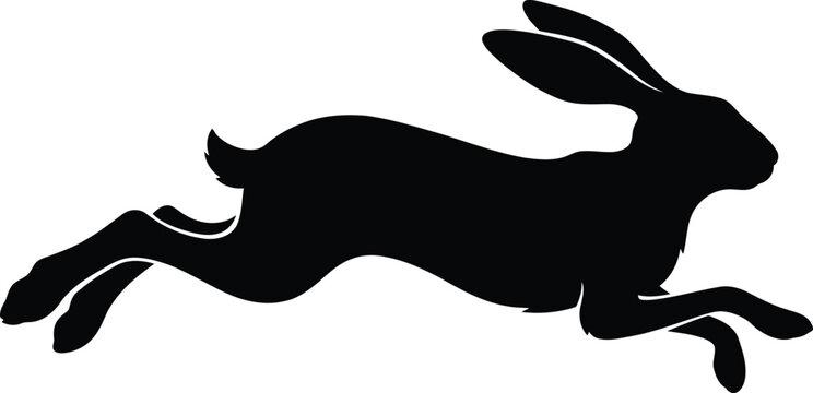Black silhouette of a fast running rabbit jumping in motion