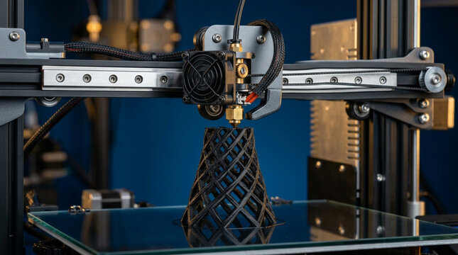 Close-up of 3D printer nozzle creating intricate lattice object