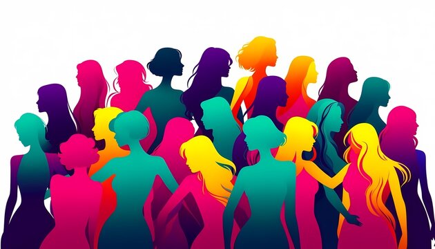 A striking illustration of a diverse group of women standing shoulder to shoulder, each with a different silhouette and hairstyle, symbolizing unity in diversity, Ai generated image