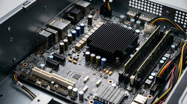 Close-up of a modern computer motherboard with heatsink and RAM modules