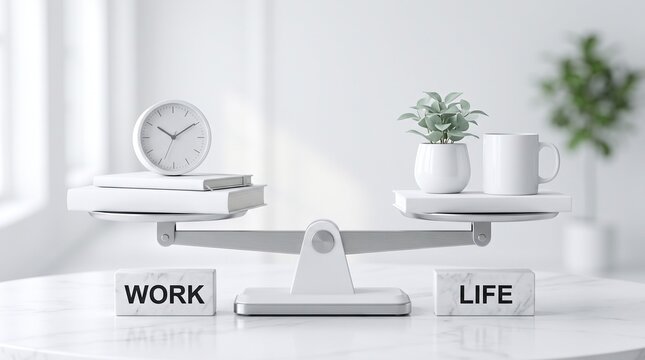 Concept of work life balance depicted by a scale weighing work and life objects with priorities lifestyle professional personal equipoise stability management business equality decision
