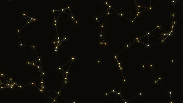 Network nodes glowing brightly with warm golden light connected by thin geometric lines against a dark background.