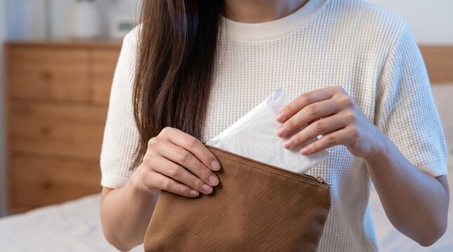 Woman Placing Sanitary Pad into Canvas Zipper Pouch Close Up &ndash; Feminine Hygiene Care Banner