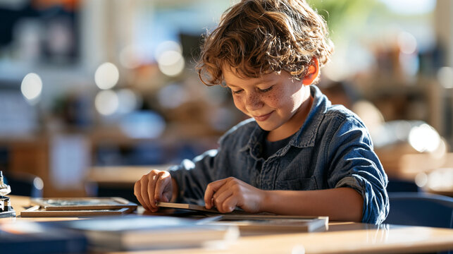 A 10-year-old child angles two freestanding mirrors, redirecting a bright patch of sunlight across a classroom table onto a plain colored target card. Seen over the shoulder in a