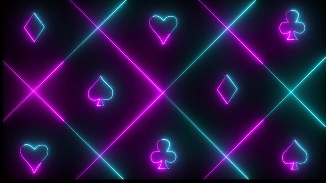 Neon pink and navy blue color spade suit or symbol of playing card, 4k gambling animation. Neon playing cards glowing on black background. Concept of online casino and bet.