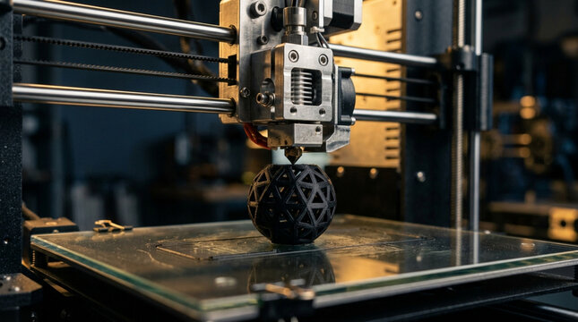 Close-up of a 3D printer creating a complex geometric sphere, advanced technology
