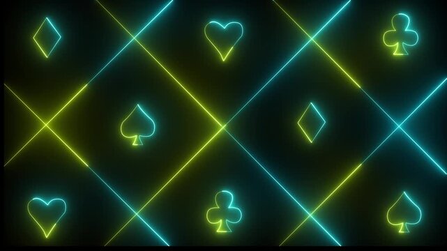 Neon yellow and navy blue color spade suit or symbol of playing card, 4k gambling animation. Neon playing cards glowing on black background. Concept of online casino and bet.